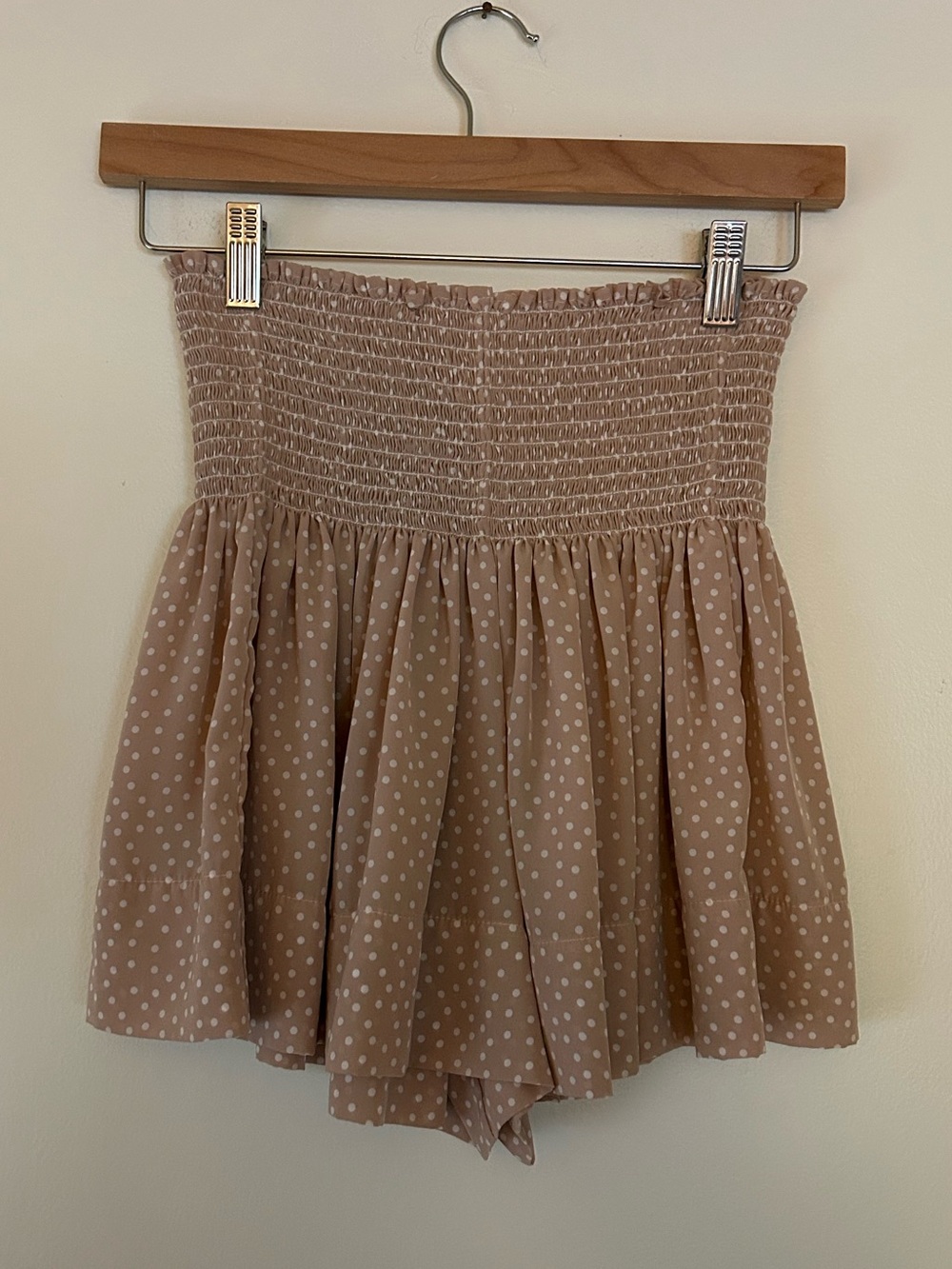 Koch Tan White Polka Dot Ruched Mini Short Skirt Ruffle Small Made in USA